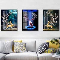 Affiche d'orignal léger de luxe moderne pour chambre, restaurant, hôtel, triple décoration murale, peinture d'animaux en porcelaine en cristal de diamant
