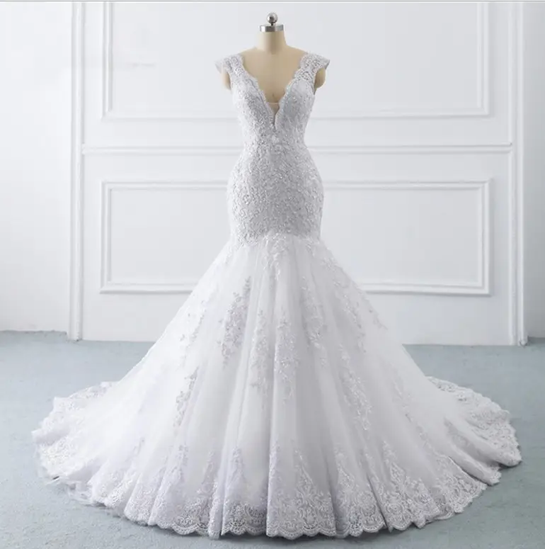 Korean Bridal Gowns 2021 v neck plus size Lace Wedding Dress For Women Bridal mermaid Wedding Dresses
