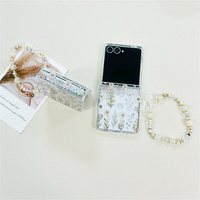 Coque de téléphone transparente à imprimé floral marguerite style vintage pour Samsung Galaxy Z Flip 7-3 avec sangle perlée en cristal beige – Housse de protection