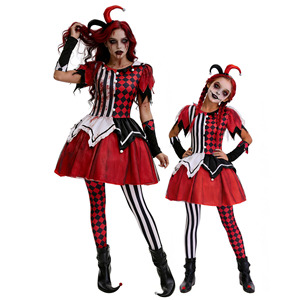 Halloween Clown Costume Set For Girls And Women Parent Child Matching Outfit Red Black <b>Checkered</b> Dress With Hat And <b>Tights</b> - Product Image 1