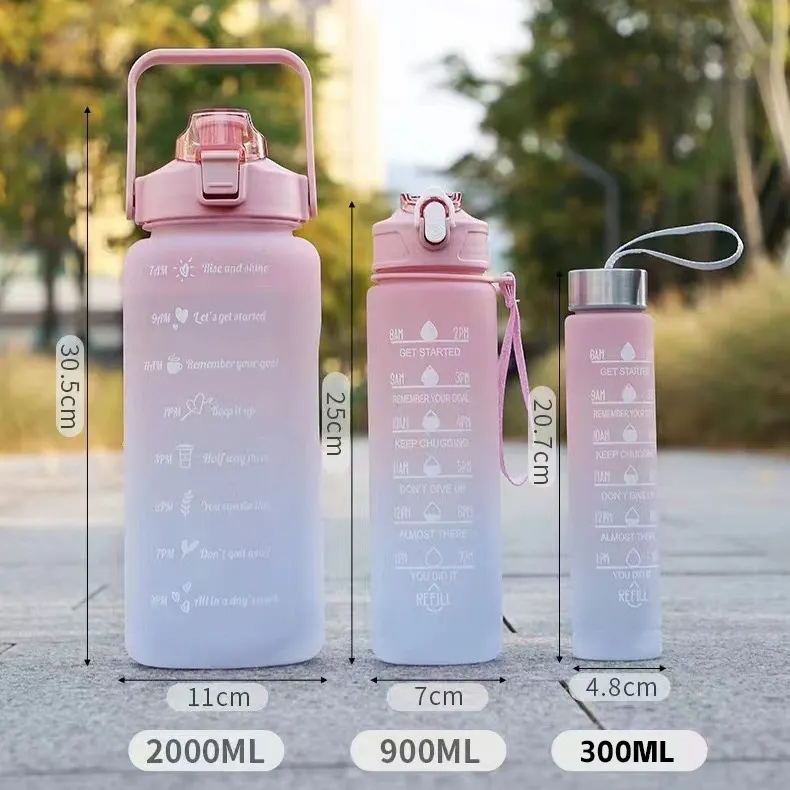 Ready To Ship 3pcs 2l 900ml 300ml 3 In 1 Plastic Drink Gym Gradient Motivational Time Marker Inspirational Water Bottles
