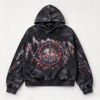 Sweat à capuche graphique gothique personnalisé OEM avec strass pour homme, en coton délavé vintage, coupe oversize, style streetwear, vente en gros