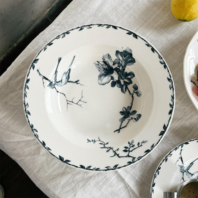 Dark blue flower bird deep plate 25*4cm