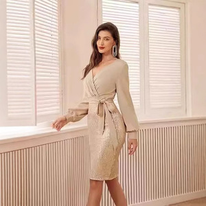 Cocktail Dress Women <b>Sequin</b> V Neck Wrap Long Sleeve Sheath Evening Gown Rose Gold Gold Black <b>Red</b> Silver Polyester 2524 - Product Image 1