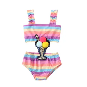 Ice Cream Sequined Fur Pom Stripe Pleated Sling One-Piece Wholesale Boutique Swimsuit For Girls Swimsuit Kids Girls One Piece