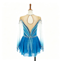 Robe de patinage et de danse pour enfants et adultes, dégradé bleu et blanc, manches longues en maille, strass, dos lacé, pour compétition et spectacle de patinage sur glace