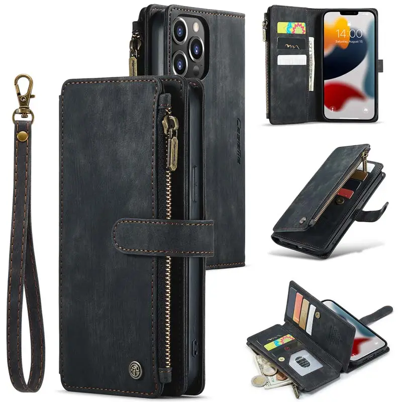 नई लोकप्रिय बहु-कार्यात्मक बटुआ रेट्रो चमड़ा प्रकरण Kickstand कार्ड स्लॉट जिपर जेब फोन बैग के लिए Iphone 6 7 8 प्लस एसई
