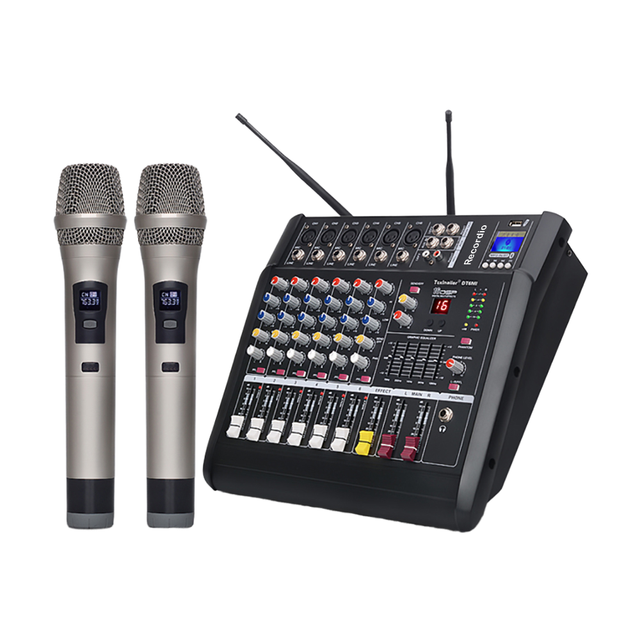 AOFO PMX-602S 6 Channel Powered Audio Mixer USB BT 48V Phantom Power Wireless Microphone 572-830MHz Bandwidth Mute/Volume