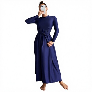 Vestido de Baño de Manga Larga Azul Marino para Mujer con Cintura Ajustable, Tejido, Modesto, para Playa, Color Sólido, Cuello Redondo, Largo Completo - Product Image 3
