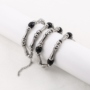 Bamboo Joint Beaded Necklace <b>Titanium</b> Steel Black Beads Short Clavicle Chain Fashion Jewelry For Women - Product Image 3