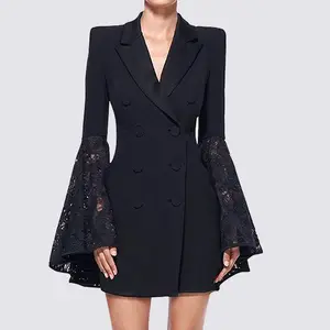 थोक गर्म बिक्री 2021 नई डिजाइन महिलाओं के काले सूट कोट के लिए Workwear जैकेट महिलाओं डबल छाती भड़क आस्तीन लंबी रंगीन जाकेट