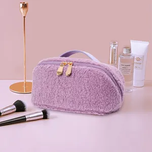 KONCAI Soft Fleece Plush Pink Floral Zipper Terry Cloth Travel Vanity Case Makeup Custom Beauty Logo Toiletry Cosmetic Bag