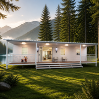 Maison préfabriquée blanche à l'extérieur avec porche enroulant, balustrade et porte vitrée pour projet de location de villa
