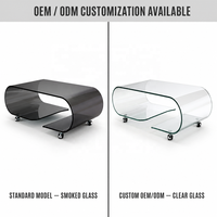 Table basse moderne en verre transparent avec centre en verre courbé, meubles de salon avec roulettes, style panneau en bois pour usage domestique