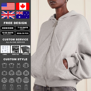 Sudadera con capucha corta de algodón French Terry para mujer KingSen, con cremallera, costura diagonal, corte 3D, ajuste holgado, manga globo, estilo casual. - Product Image 2