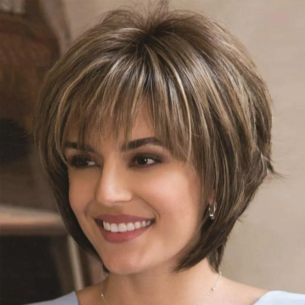 Short Bob Wigs for Women Short Hair Brown Wigs with Bangs Natural Looking Heat Resistant Synthetic Fiber Fashion Wigs for Daily