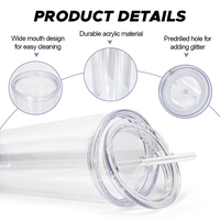 Vente en gros de gobelets à double paroi en plastique transparent sans BPA de 12 oz, 16 oz et 24 oz, pour jus, eau, thé, café, avec paille et couvercles