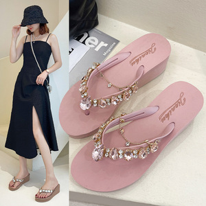 2026 Summer New Ins Style Rhinestone Tail Flip Flops Wedge Thick Sole Casual Beach Outdoor <b>Slippers</b> for Women - Product Image 4