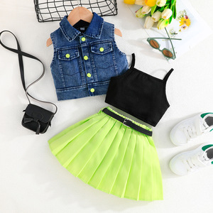 Tenues d'été pour fillettes, veste en <span class=keywords><strong>jean</strong></span>, <span class=keywords><strong>jupe</strong></span> plissée pour filles de 3 à 8 ans, ensembles de vêtements pour petites filles, vêtements pour enfants, vente en gros de vêtements pour bébés - Product Image 4