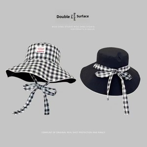 [Summer Fairy Tale] Cappello da pescatore primaverile/estivo con protezione solare, motivo scozzese, allacciatura in pizzo, traspirante, con bottoni, indossabile su due lati - Product Image 3