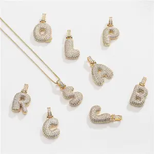 Wholesale A-Z 26 Letters Real Iced out AAA Zircon Bling bling Copper Zircon Bubble Initial Pendant Necklace Jewelry