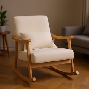 Chaise à bascule rembourrée beige, cadre en bois d'hévéa, chaise de salon, style scandinave moderne - Product Image 2