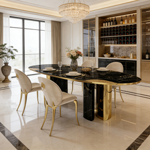 Mesa de Comedor de Lujo de Alta Gama con Tablero de Diseño Patchwork y <span class=keywords><strong>Base</strong></span> con Detalles en Dorado <span class=keywords><strong>para</strong></span> Villas y Hoteles - Product Image 5