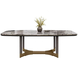 Mesa de comedor rectangular redondeada personalizada de gama alta moderna nórdica, mesa de comedor con diseño de roca de mármol - Product Image 4