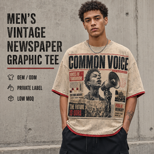 T-shirt da uomo vintage con stampa giornale, effetto distressed, con bordo a contrasto, streetwear, personalizzabile con logo, all'ingrosso, 240 grammi, lavorato a maglia, oversize - Product Image 2