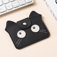 Tas Kartu Kulit Sapi Lapis Pertama Gaya Retro, Kulit Asli dengan Desain Anak Kucing Lucu Cetak Sablon, Ultra Tipis dengan Penutup Kancing