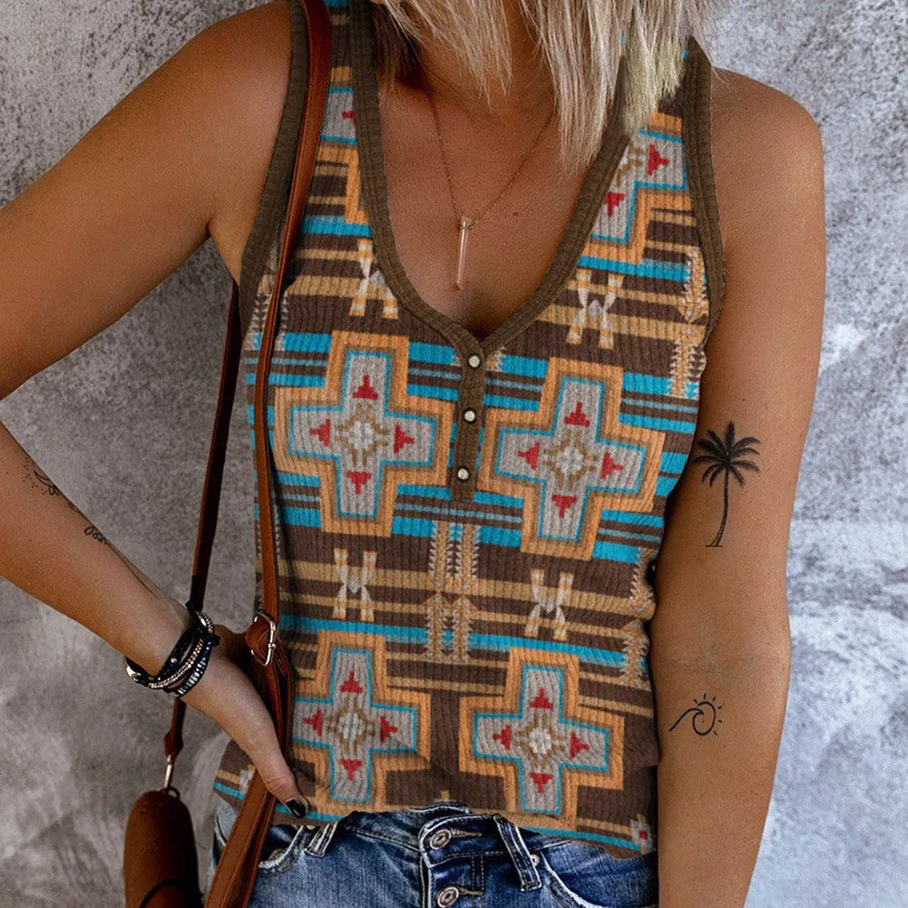 2023 Summer Latest Western Ethnic Style Aztec Print Casual Tops For Women