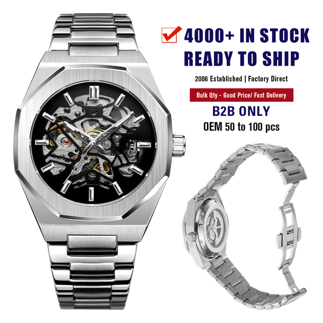 New Watch Mechanical Men Stylish Skeleton Watches Gold Custom Brand Stainless Steel Fashion Wrist Watches Automatic Waterproof