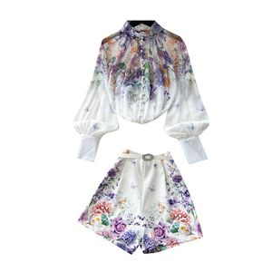 Ensemble 2 pièces vintage d'automne pour <span class=keywords><strong>femme</strong></span> : haut à manches lanternes et short imprimé – Vente en gros - Product Image 5