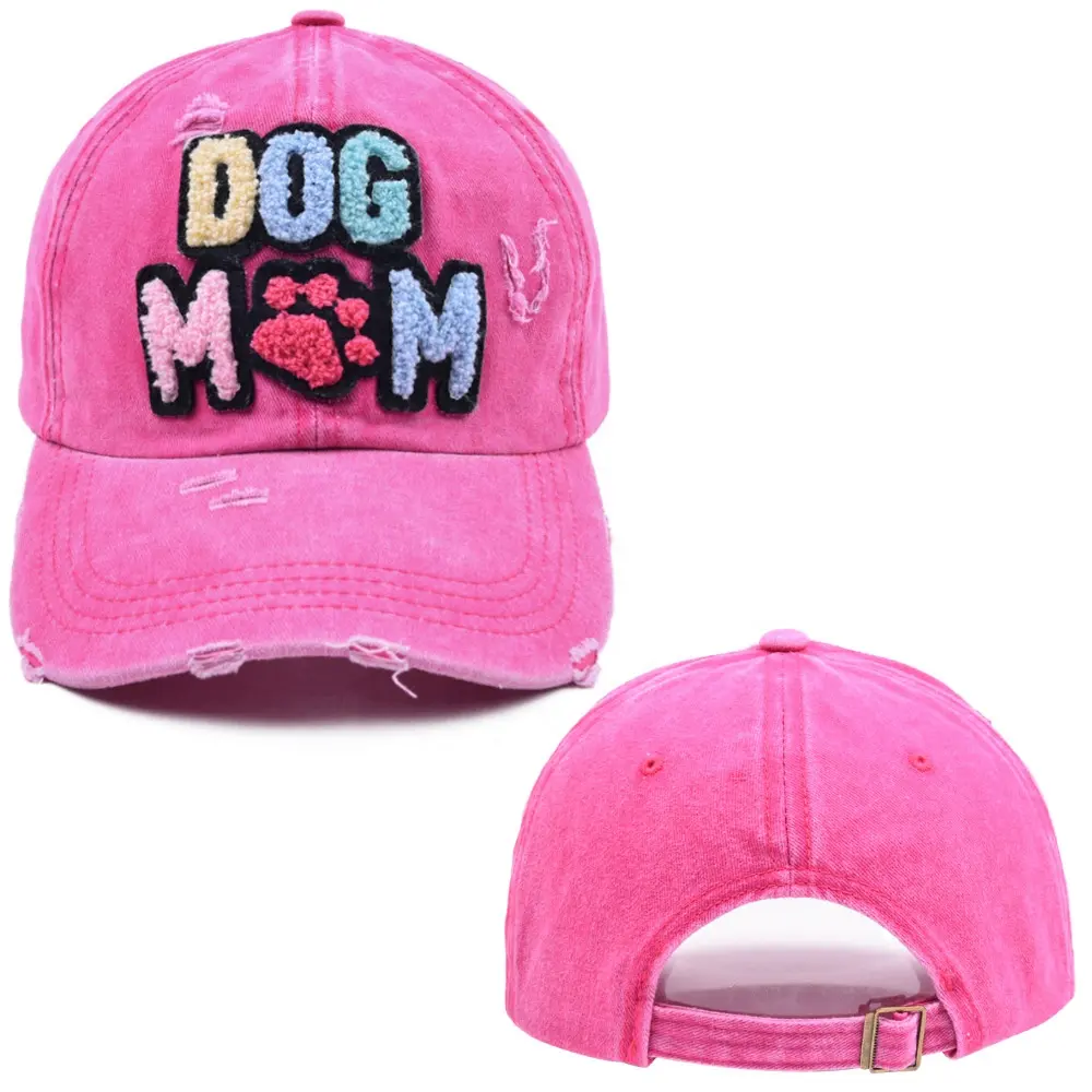 Topi bisbol Terry anjing & Ibu 3D wanita, topi bisbol bordir pakai kembali jepret, batu dicuci untuk wanita