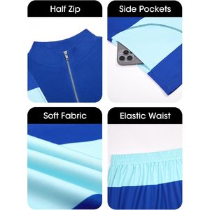 Fisoew Conjunto de 2 piezas con cuello alto y manga tres cuartos para mujer, sudadera a rayas, pantalones cortos, conjunto deportivo de verano, transpirable, de punto - Product Image 6