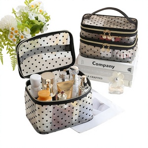Sac de maquillage en maille avec fermeture éclair, grande capacité, écologique, polyvalent, pour voyage, avec motif cœur transparent - Product Image 4