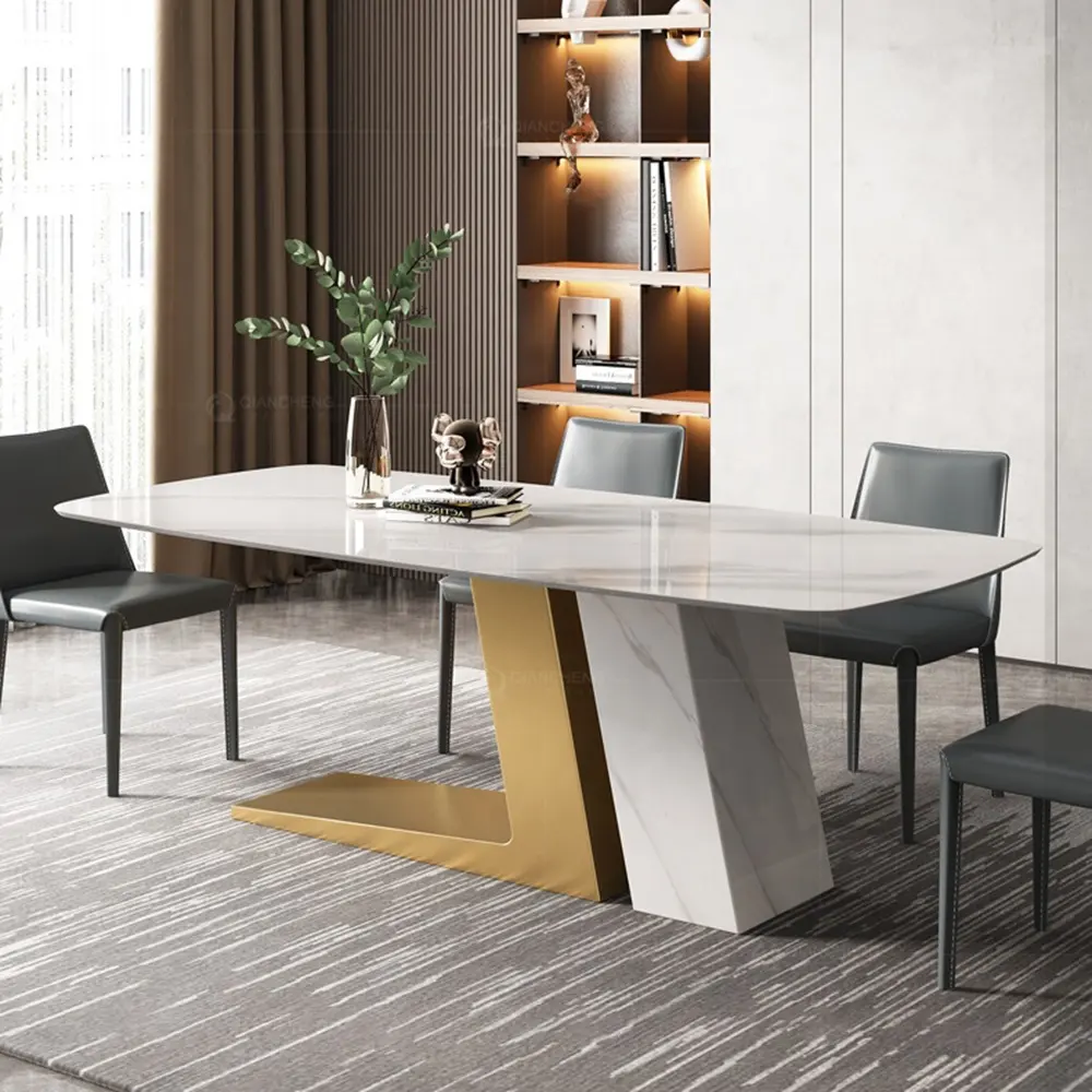 Оптовая продажа, современный прямоугольный металлический обеденный стол с мраморным верхом и основанием из нержавеющей стали, роскошный обеденный стол