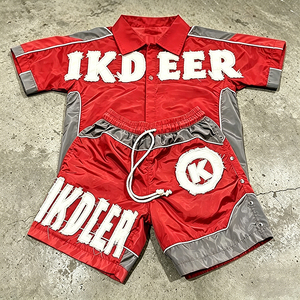 Custom Logo Men's Nylon Tracksuit 2 Piece Short Sleeve Button up Shirt Shorts <strong>Set</strong> Streetwear <strong>Embroidery</strong> Patchwork 2 Piece <strong>Set</strong> - Product Image 3