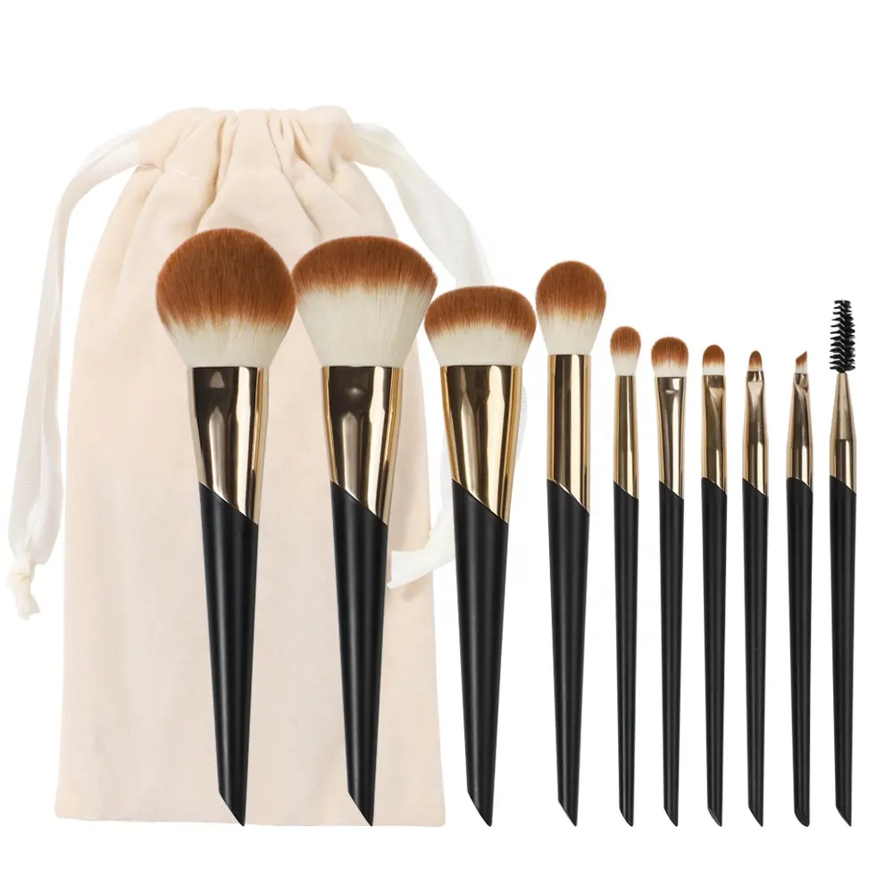 ZH 10pcs Black Gold Cosmetic High Quality Wooden Handle Premium Make-Up Brush Vegan Synthetic Hair Make Up Brushes For Make Up