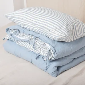 blue and pin stripe double sided flax french linen bedding set customized 100% linen duvet set duvet cover and pillow