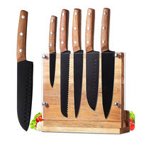 TOALLWIN Nouvelle Tendance Couteaux de Cuisine de Haute Qualité à Lame Noire Revêtue et 3 Rivets, Manche en Bois, avec Bloc en Bois