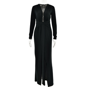 Robe longue plissée à col en V profond et manches longues pour femme, avec fente haute, élégante et sexy pour les soirées - Product Image 5