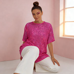 Customization <b>Hot</b> <b>Pink</b> Sequin Oversized Short-Sleeve Tunic DressShiny Sparkle Fabric Loose Fit Party <b>Top</b> for Women's - Product Image 6