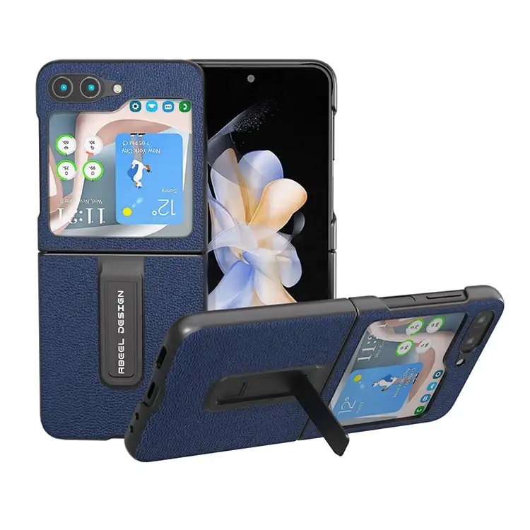 サムスンZフリップ用ホルダースタンド付き新着ペブルテクスチャ牛革本革電話ケース54 3 iPhone15