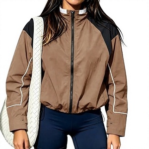 <b>Women</b> Color Blocking Windbreaker <b>Jacket</b> Full Sleeve Stand Collar Zipper <b>Fly</b> Lightweight Polyester Sporty Casual Spring Wear - Product Image 1