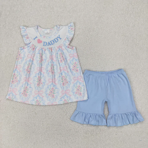 Conjunto de ropa de verano para niñas, top tipo túnica con flores bordadas I LOVE DADDY, pantalones cortos azules - Product Image 1