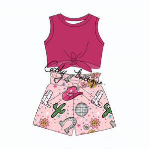 Ensemble 2 pièces d'été personnalisable pour enfants : haut court à nouer en tissu tricoté respirant style vintage et short - Product Image 1