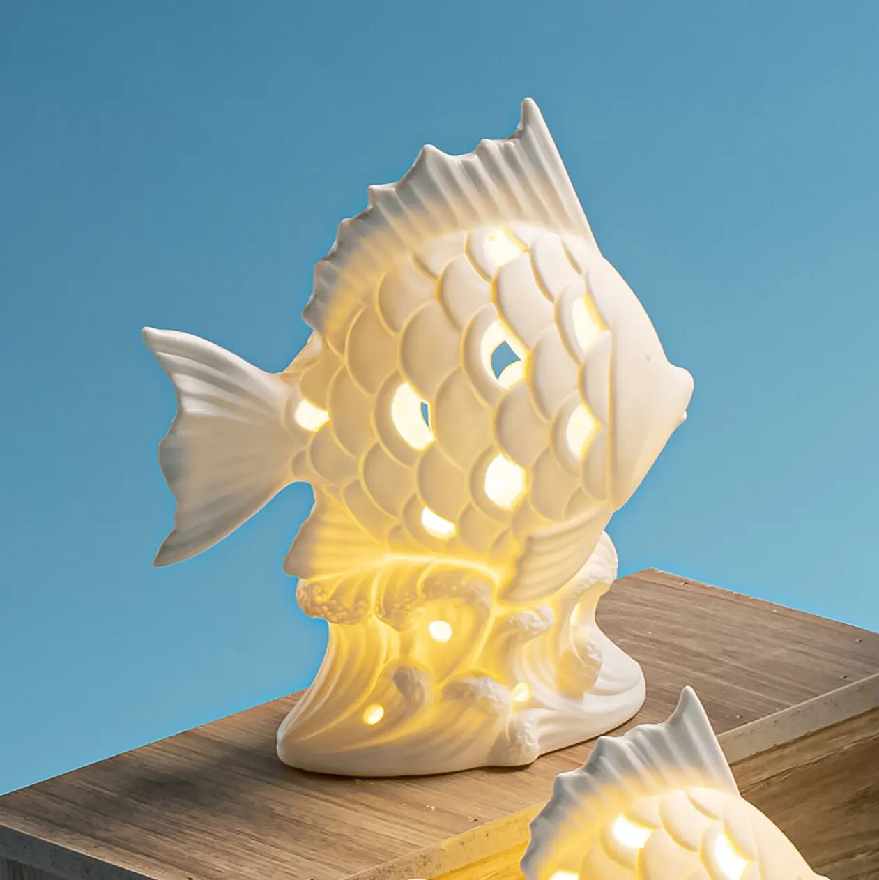 Fish Night Light Sea Ornament Porcelain Decoration Ceramic Table Lamps For Home Decor