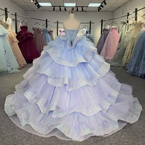 Robe de bal Quinceañera exclusive 6976 bleu violet sans bretelles avec appliques en cristal, perles et imprimé, traîne chapelle naturelle, longueur ras du sol - Product Image 4