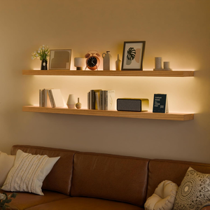 Mensole galleggianti in <span class=keywords><strong>legno</strong></span> personalizzate con bordo naturale, illuminazione e staffe nascoste - Product Image 2